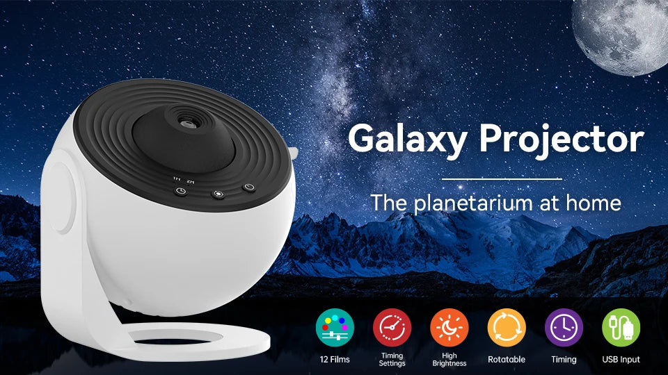 Galaxy Projector Night Light – 360° Rotating Planetarium Lamp with 12 Films