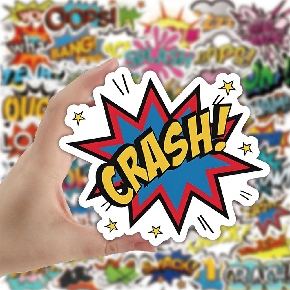 50-Piece Comic Explosion Sticker Pack – Oops, Wow, Pow! Anime Slogan Decals