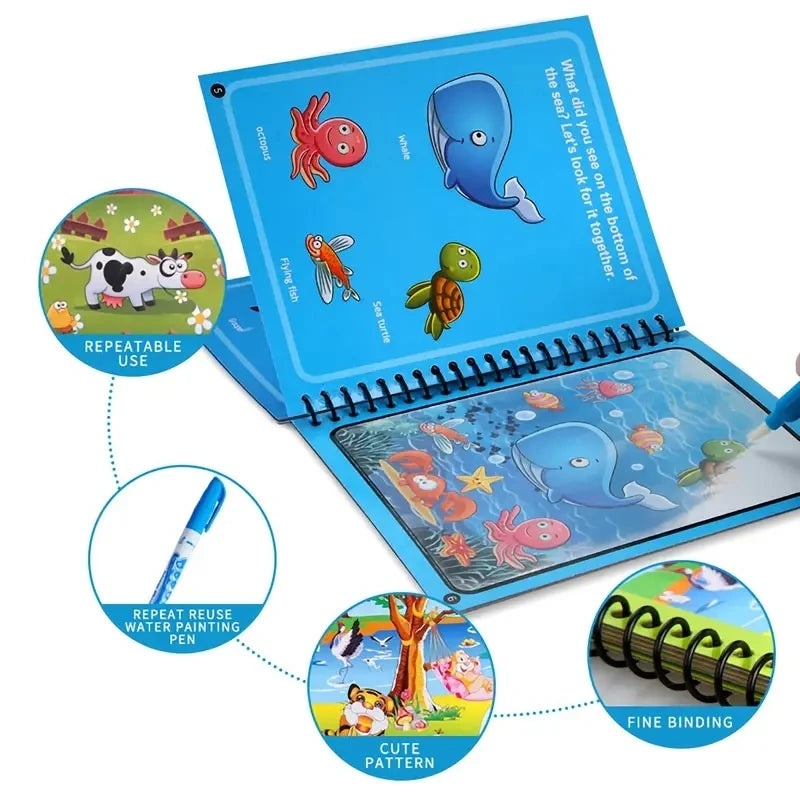 Kids Magic Water Drawing Book – Reusable Coloring Book with Water Pen