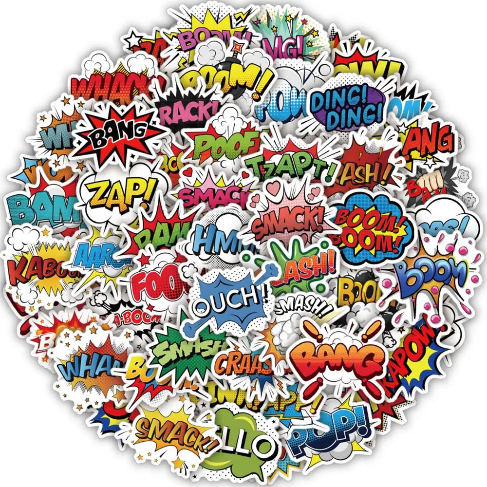 50-Piece Comic Explosion Sticker Pack – Oops, Wow, Pow! Anime Slogan Decals