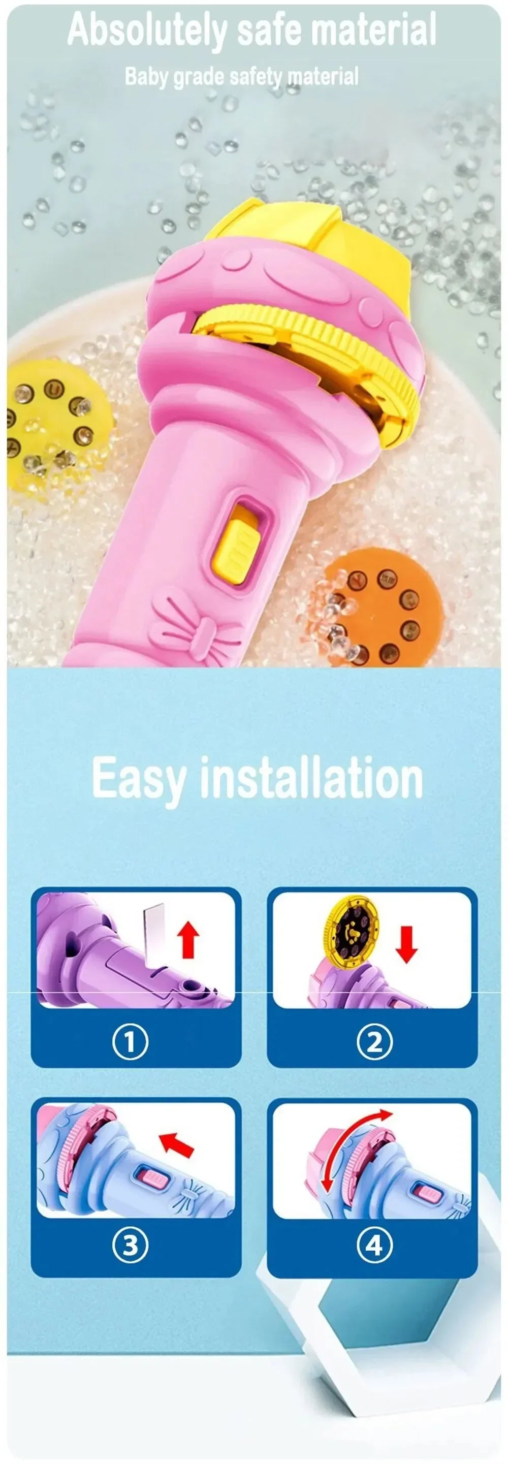 Kids Cartoon Projection Flashlight – 10 Cards with 80 Patterns