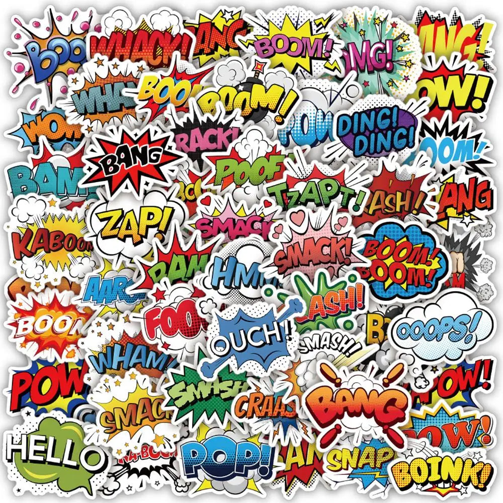 50-Piece Comic Explosion Sticker Pack – Oops, Wow, Pow! Anime Slogan Decals