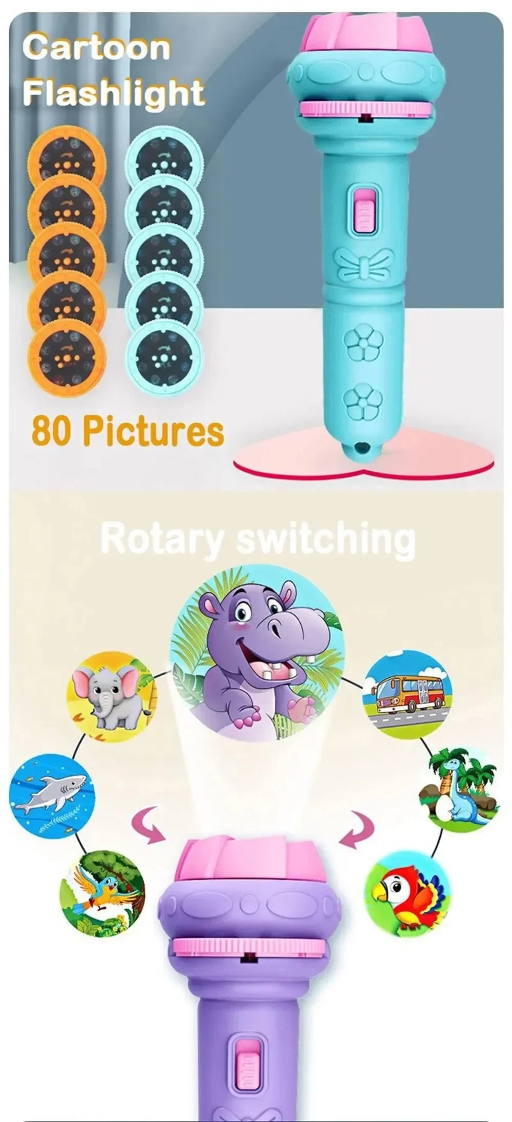 Kids Cartoon Projection Flashlight – 10 Cards with 80 Patterns